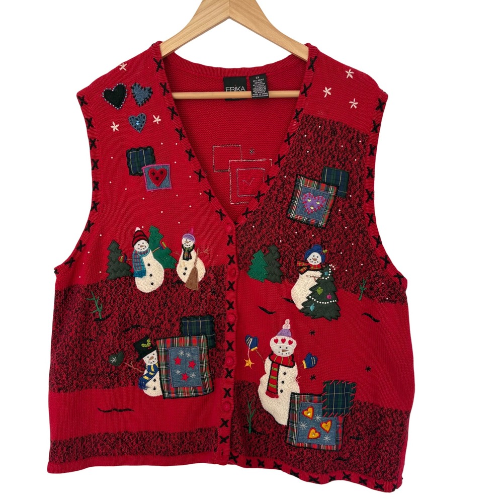 Vtg Erika Christmas Sweater Vest 3X Red Snowman Patchwork Grandmacore Novelty